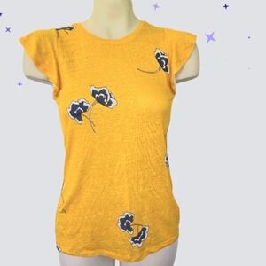 ANN TAYLOR Linen‎ Flutter Sleeve Top Yellow Navy Floral X Small Vacation Resort